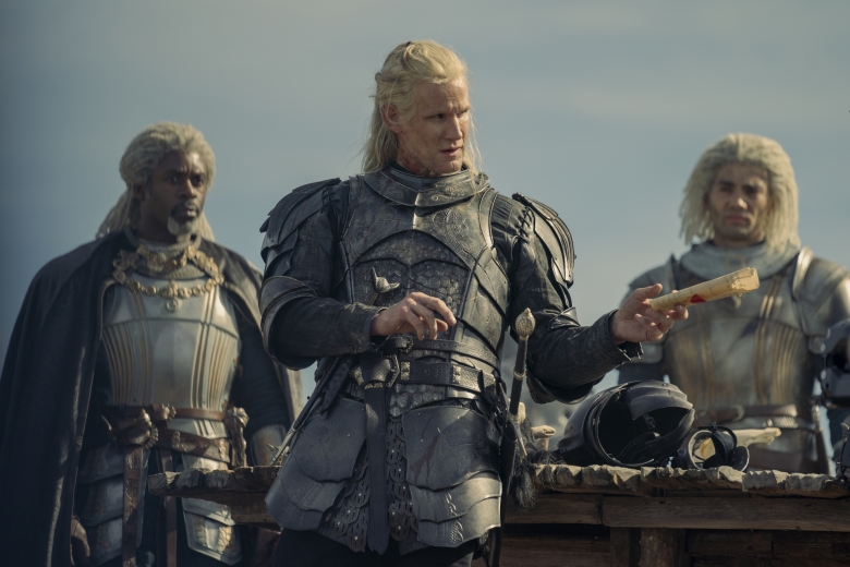 Three Men Standing Outside in Medieval Armour;  still from "House of the Dragon."