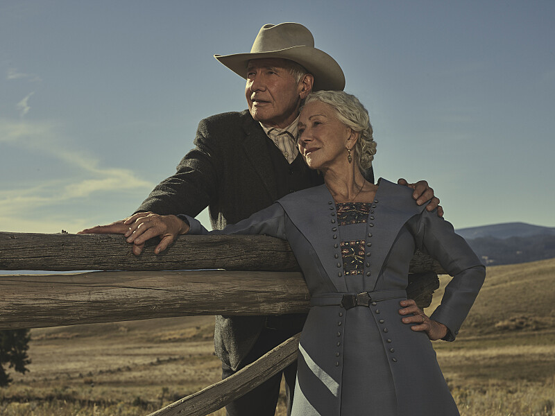 Harrison Ford as Jacob Dutton and Helen Mirren as Cara Dutton in 1923, streaming on Paramount+ 2022. Photo by: James Minchin III/Paramount+