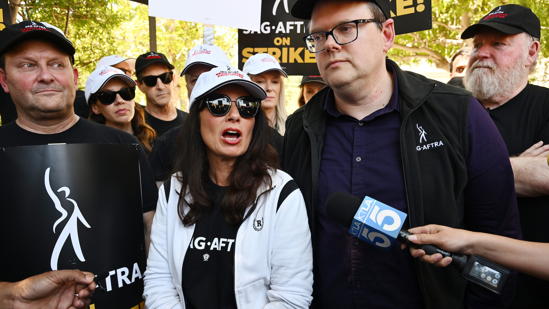 Fran Drescher and Duncan Crabtree-Ireland joins SAG-AFTRA and WGA Members and Supporters as they walk the picket line in support of the SAG-AFTRA and WGA strike at the Warner Bros. Studio on July 14, 2023 in Los Angeles, California.