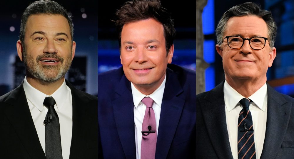 Late-night TV hosts Jimmy Kimmel, Jimmy Fallon, and Stephen Colbert