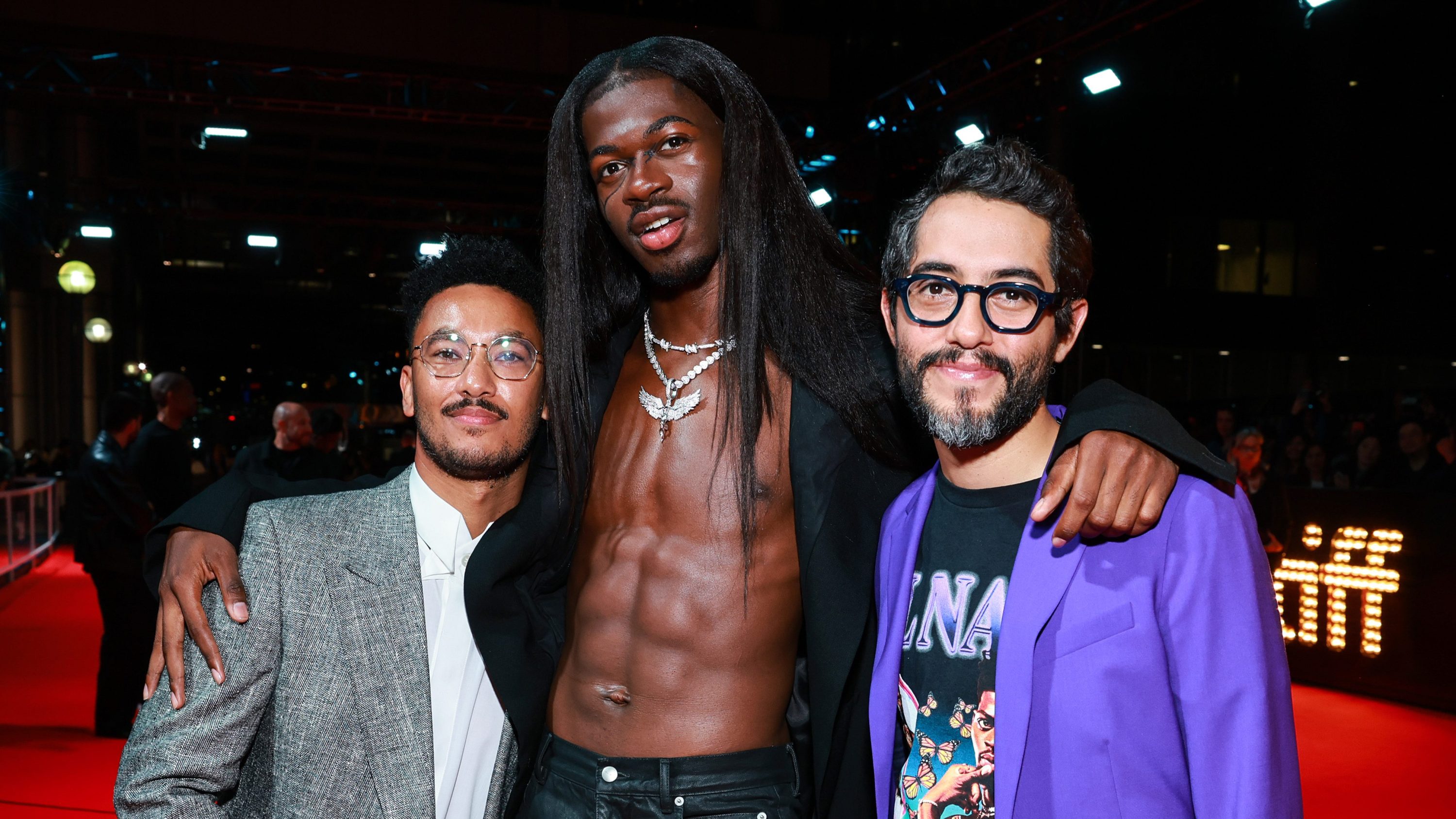TORONTO, ONTARIO - SEPTEMBER 09: (L-R) Zac Manuel, Lil Nas X, and Carlos Lopez Estrada attend the "Lil Nas X: Long Live Montero" premiere during the 2023 Toronto International Film Festival at Roy Thomson Hall on September 09, 2023 in Toronto, Ontario. (Photo by Matt Winkelmeyer/Getty Images)
