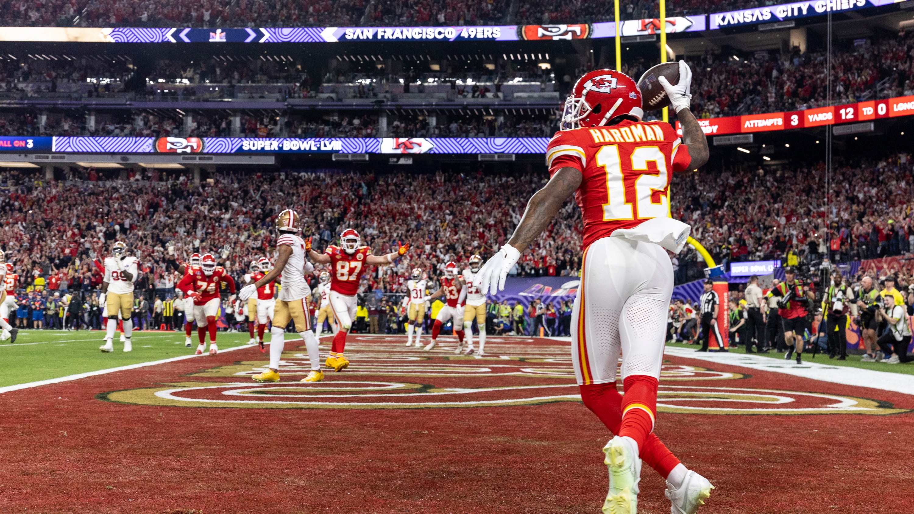 LAS VEGAS, NEVADA - FEBRUARY 11: Mecole Hardman Jr. #12 of the Kansas City Chiefs celebrates after scoring a touchdown in overtime to win during the NFL Super Bowl 58 football game between the San Francisco 49ers and the Kansas City Chiefs at Allegiant Stadium on February 11, 2024 in Las Vegas, Nevada. (Photo by Michael Owens/Getty Images)
